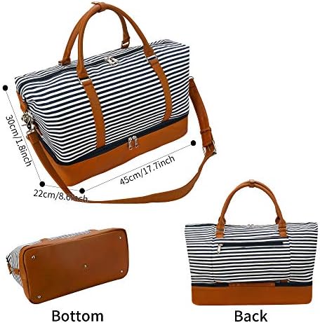 Weekender Bag Carry on Overnight Duffel for Women, Carrying Weedkend Travel Bags for Ladies, Large Canvas& PU Leather with Shoe Compartment Duffle (Black White Strips) 3 Weekender Bag Carry on Overnight Duffel for Women, Carrying Weedkend Travel Bags for Ladies, Large Canvas& PU Leather with Shoe Compartment Duffle (Black White Strips)