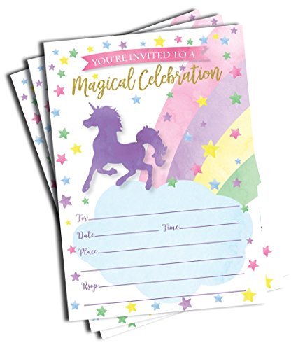 Pastel Watercolor Unicorn Invitations and Envelopes (Large Size 5x7) - Birthday Party - Baby Shower - Any Occasion (25 Pack)