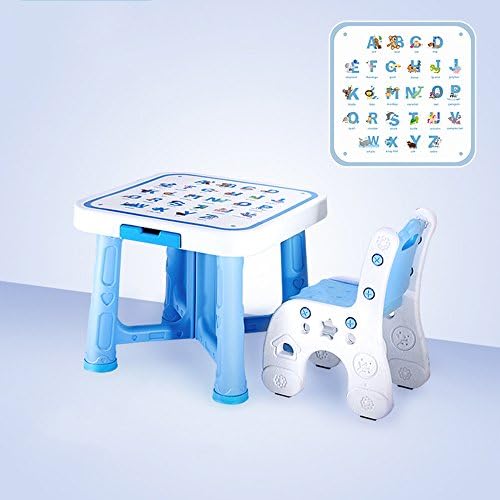 Travel Cots Brisk- kindergarten, Children's table and chair set, Baby plastic table Eat dinner table Writing desk, Game table (Color : Blue letters (1 table and 1 chair))