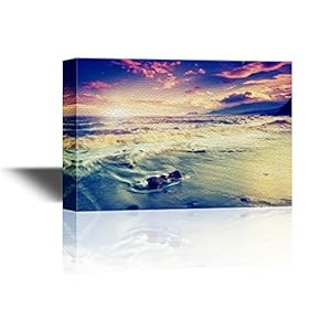Canvas Wall Art - Seascape of Waves on The Beach at Sunset Time - Gallery Wrap Modern Home Art | Ready to Hang - 12x18 inches