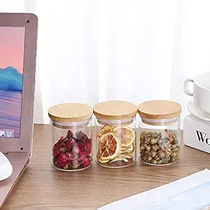 FOMQUAZLI Glass Jar with Bamboo Lid Clear Storage Container with Wooden Lid, Airtight Canister Jar For Kitchen, Spice, Cookie, Sugar, Coffee, Beans, Candy, Nuts, Herbs (Pack of 3) 220ml