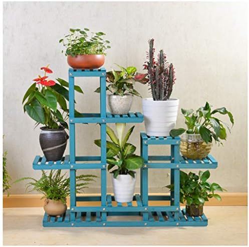 SMC Fashion Simple Two Layers Solid Wood Flower Shelf Multi-Layer Wooden Flower Pot Frame Antique Blue Ladder Fold Balcony Succulents Flower Stand (Color : Blue)