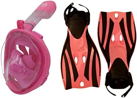 Pink Child Full Face Snorkel Mask and Fin Dive Travel Package -- Child Snorkel Set Combo (Pink, S/M)