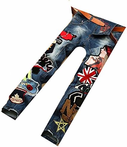 VOYAGEA European station men's jeans men's straight trousers embroidered badges pants splicing tide male jeans (34W, Embroidery)