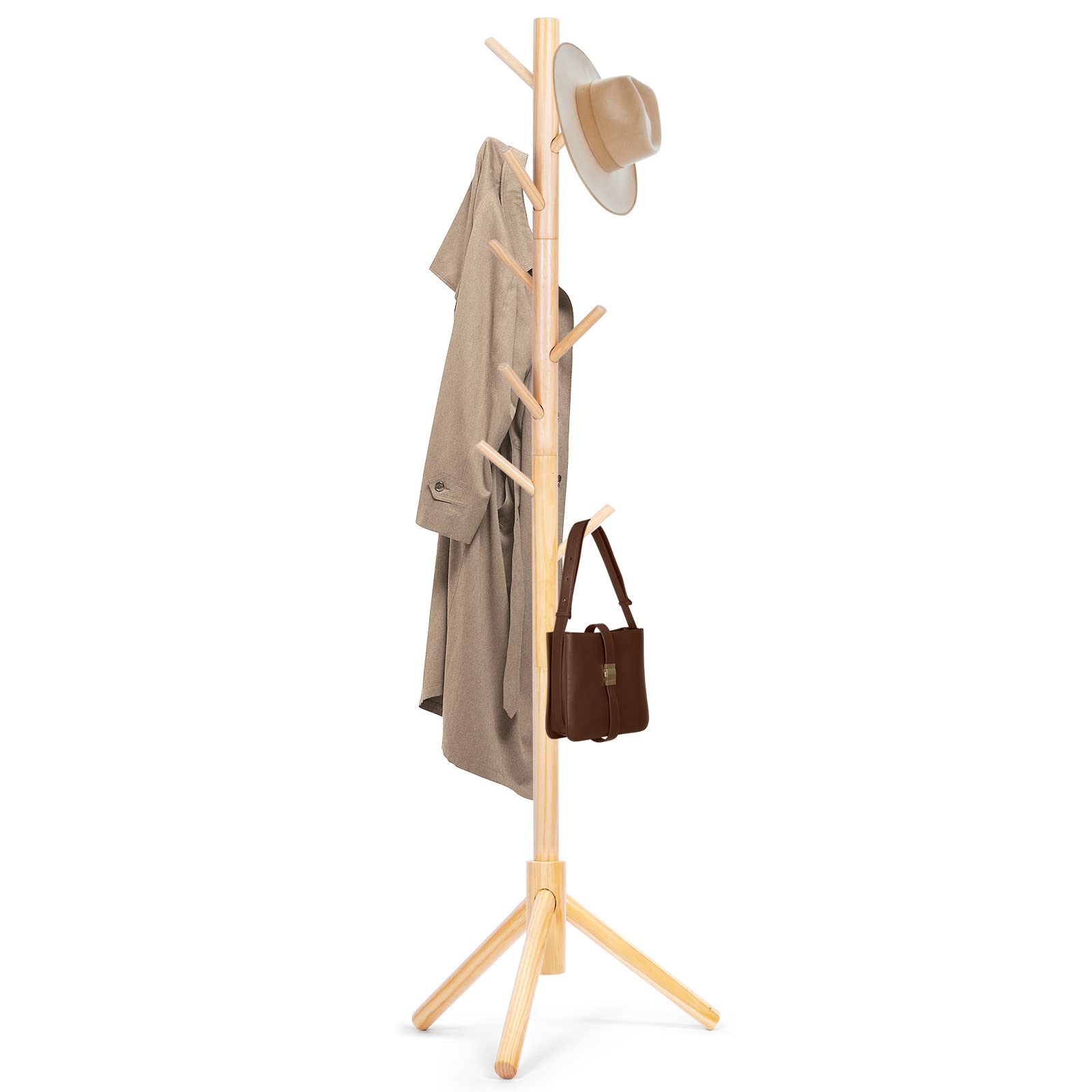 Photo 1 of Freyawin Solid Wooden Coat Rack Freestanding, New Zealand Pine Coat Tree with 8 Hooks & 3 Adjustable Sizes for Coats, Hats, Handbags and Scarves, Space Saving for Entryway/Office/Bedroom (Nature)
