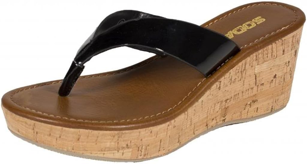 Amazon.com | Soda Women's Breeda Thong Platform Cork Wedge Sandal, Black Patent Leatherette, 8.5 