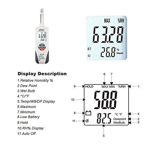 Hygro-Thermometer Psychrometer,Handheld Digital Humidity Temperature Meter with Backlight Large LCD Display and Auto Power Off, Dual Display Temperature & Humidity, Battery Included,Hti-Xintai - Thumbnail 6
