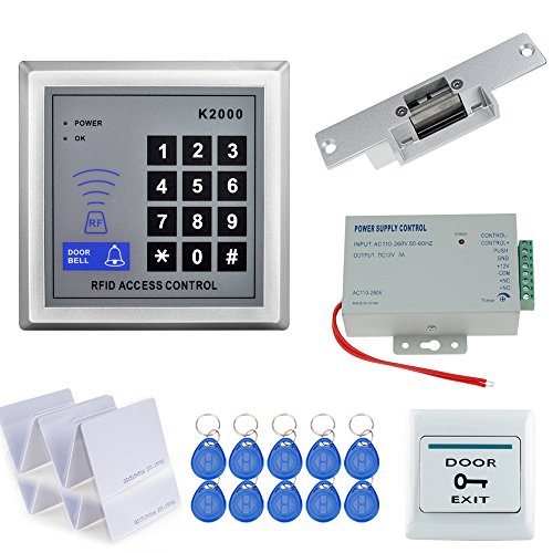 HFeng 125KHz RFID Keypad Door Access Control System Kit +12V/3A Power Supply Switch + Fail Secure Electric Strike Lock+ Door Exit Button+10 Cards+10 Key Tags Door Opener