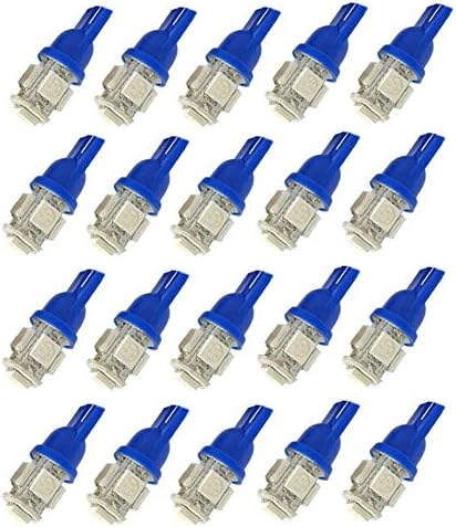 XT AUTO 20pcs Blue T10 Wedge 5-SMD 5050 LED Light bulbs W5W 2825 158 192 168 194 for Car Boot Trunk Map Light Number Plate License Light