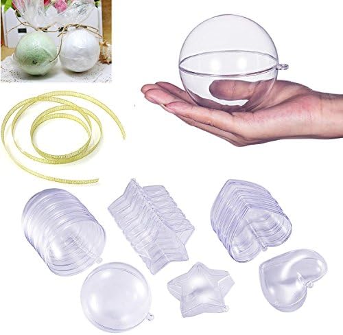 Bath Bomb Molds, Enango DIY Bath Bomb 3 Size with 15 Set Clear Plastic Christmas Ball Ornaments for Party Decorations, 8 Star Round Heart and 2m Golden Ribbon