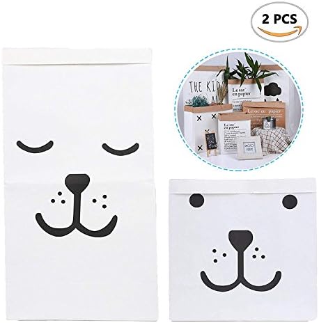 Children's Toy Storage Bag， Kraft Paper Laundry Baskets，Storage Organiser for Toys and Clothes or Household items (Little smiley bear + big sleeping face bear)