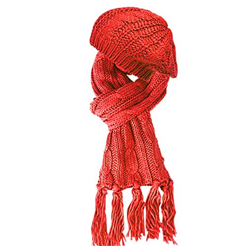 ANGELA & WILLIAM Unisex Winter Warm Cable Knit Scarf With Complementing PomPom Slouchy Beanie (SET2049RED)