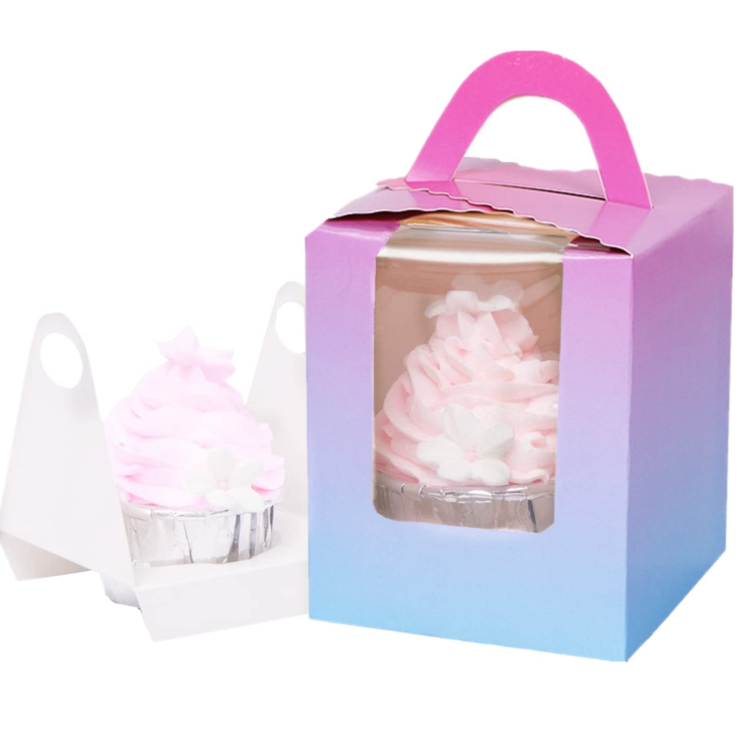 Gbateri 60 Pieces Single Cupcake Boxes Cupcake Carrier with Window & Insert and Handle, Individual Cupcake Box Bakery Boxes Treat Gift Boxes Mini Cavity Cake Boxes, Muffins Containers (Rainbow)