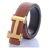 H Belts for Men Business Casual Leather Belt 1.5inch Wide (Waist Size 28-34 inch, Brown Gold)
