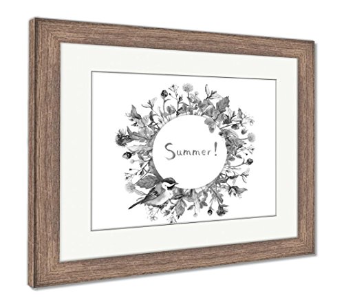 Ashley Framed Prints Reproduction of Wreath Frame Summer Flowers Bird Butterflies Watercolor Card Round Border, Wall Art, Black/White, 30x35 (Frame Size), Rustic Barn Wood Frame, AG5791258