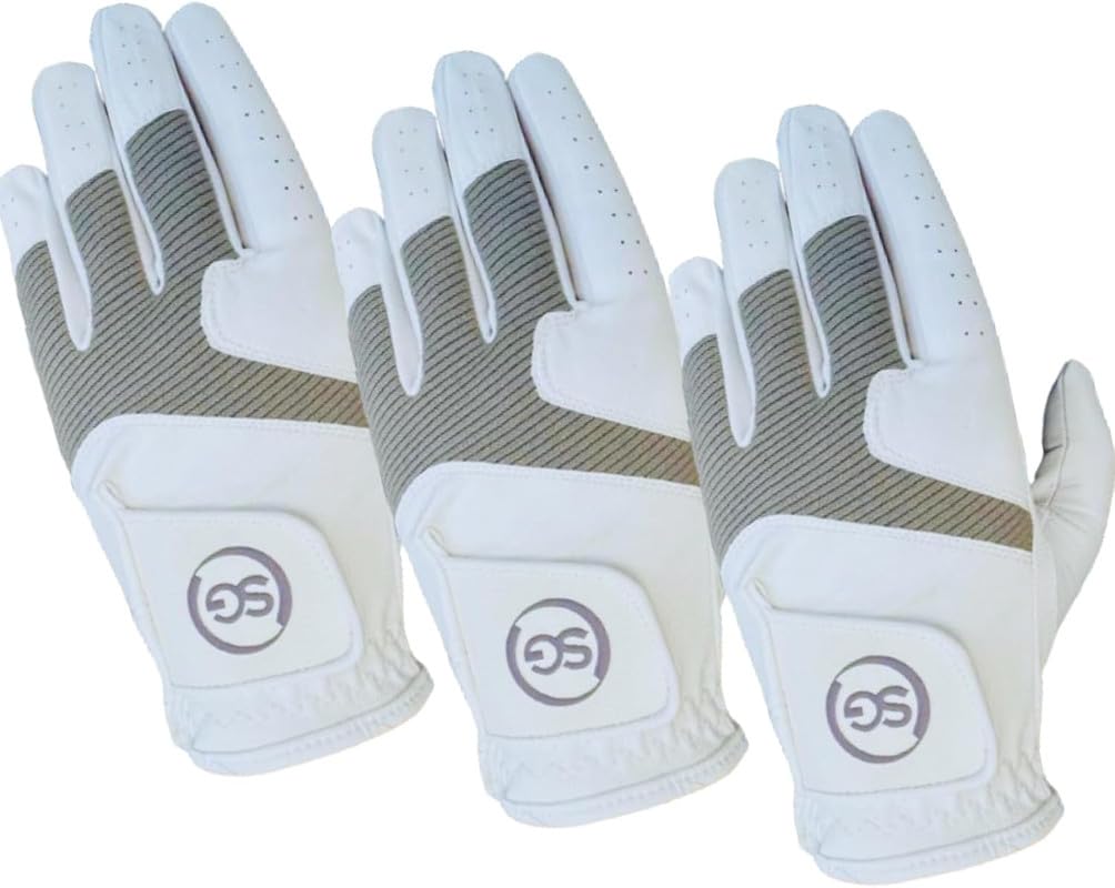 Pack of 3 Synthetic microfiber Men's Golf Gloves Cabretta Leather Thumb, Palm Patch, Suitable for All Weather Conditions, Soft Feel Grip, Left/Right Handed Golfer, White&Grey Pilot (M, Right)