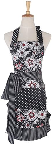 Cotton Fabric Women's Apron with 2 Pockets-Extra Long Ties, Home Baking or Kitchen Cooking, Graceful and Flirty, Black Style-1-Leeotia