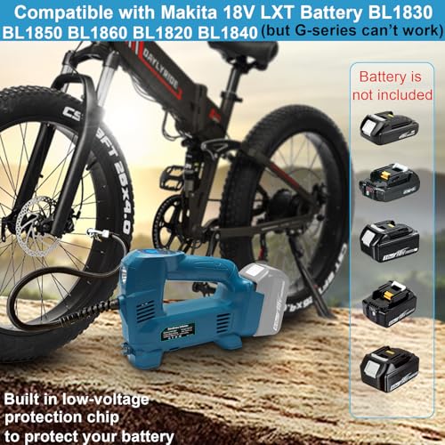 Powarobor 18 V Battery Compressor Compatible with Makita 18 V Batteries, 10.34 Bar Battery Car Compressor/Wireless Air Pump for Bicycle/Car/Motorcycle, 150 PSI, Automatic Stop, LED Lamp (without Battery, without Charger)