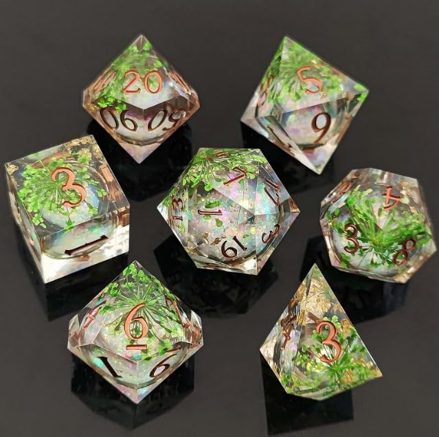 ORUZA 7 PCS Liquid Core DND Dice Resin Sharp Edge Dice Polyhedral D&D Dice Set for Dungeons and Dragons RPG MTG Table Games (Green Leaf Liquid Quicksand)