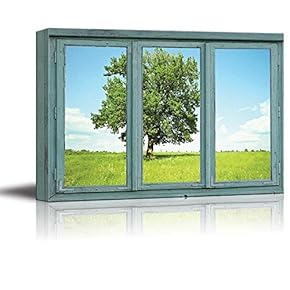 Lone Tree in a Field of Windswept Grass - Cotton Candy White Clouds dot a Blue Sky - Canvas Art Home Art - 24x36 inches