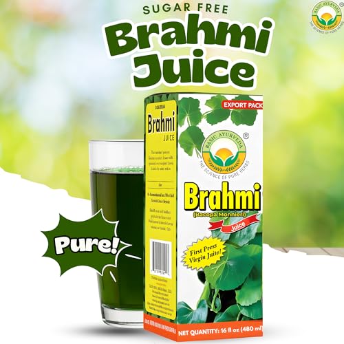 BASIC AYURVEDA Bacopa Monnieri Juice (Brahmi)– 16.23 Fl Oz (480ml) | First Press Virgin Juice | Natural Brain & Memory Support | Herbal Tonic for Focus, Clarity & Wellness | No Sugar, Non-GMO