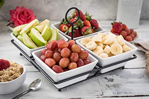 Condiment & Snack Serving Set: 4 White Stoneware Bowls with Metal Display Stand | Perfect for Appetizers, Nuts, and Candy - Thumbnail 2