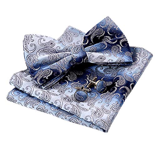 Alizeal Mens Gradient Mini Paisley Pre-tied Bow Tie, Hanky and Cufflinks Set, Silver+Navy
