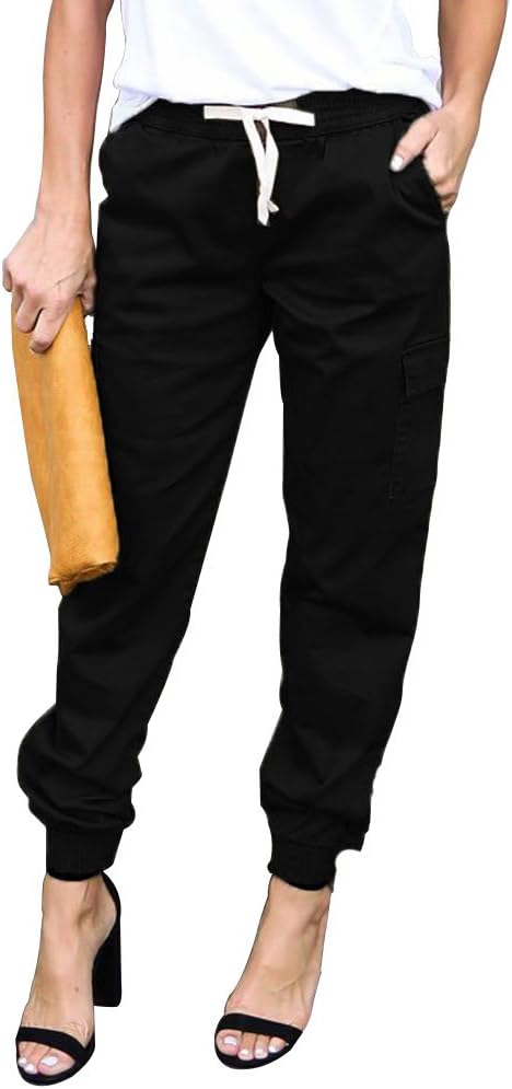 LINGMIN Women's Casual Twill Jogger Pants Drawstring Skinny Cargo Pants with Pockets