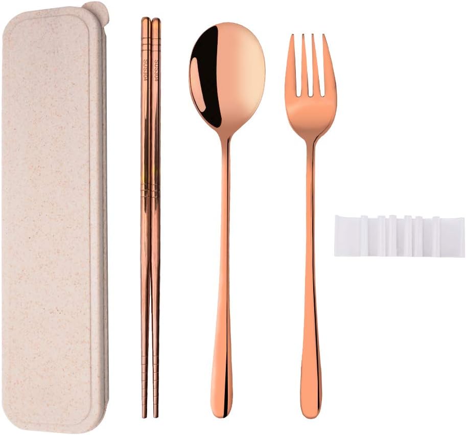 3 Piece Portable Flatware Set, Reusable Utensil Set Handy Stainless Steel Chopsticks, Fork and Spoon with Travel Case