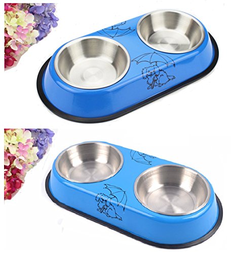 Dog Bowls Stainless Steel Dog Bowl 2 X 1.5 cup capacity Feeding Station for Dogs Cats and Pets(Blue L)