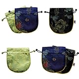 Silky Dragon Phoenix Calligraphy Embroidered Drawstring Jewelry Pouch (Set of 6) - Mixed Set