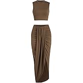 ZAFUL Women's Casual Sleeveless Summer Two Piece Outfits Crop Top and Side Split Draped Ruched Maxi Skirt Set Solid Suiting