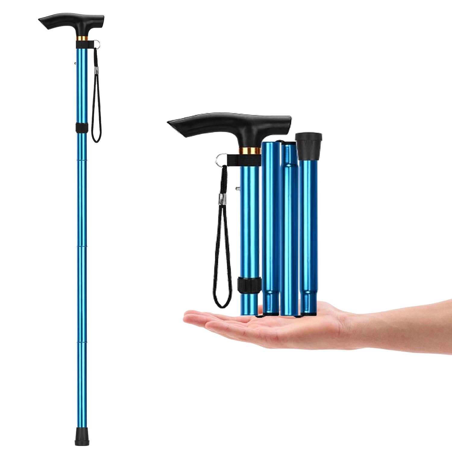 YOBOKO Aluminum Alloy Walking Sticks Hiking Cane Telescopic Folding Hiking Stick Anti-slip Cane for Elderly Adjustable 5-section Crutch Easy Carry Collapsible Cane for Mountain Climbing (Blue)