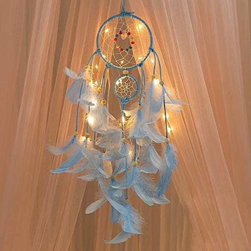 Loneflash Dream Catchers, Handmade Hanging Night Light Wall Decorations with Best Wish Great Birthday Gift Creative Net Beads Romantic Decoration for Kids Bedroom, Living-Room (Blue)