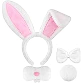 Mototo 4 PCS Easter Bunny Ears Costume Accessories Plush Bunny Ears Headband and Tail Set Rabbit Nose Bow Tie for Adult Girl Boy Halloween Cosplay Birthday Performance School Stage, White