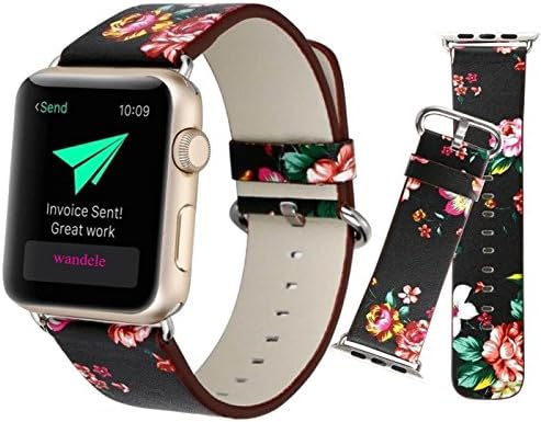 Wandele for Apple Watch Band 42mm S/M Soft PU Leather Flower Prints Bracelet Strap Wrist Bands Belt Replacement With Stainless Adapter for All Models Series 2 Series 1 Nike+ Sport Edition(3# 42mm))