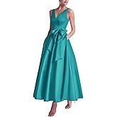 benoui Satin Mother of The Bride Dresses with Bow V Neck A-Line Tea Length Formal Gowns