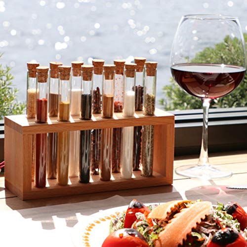 Chemistry Spice Rack Set 12 Glass Test Tubes with Cork Stoppers Wooden Herb Organizer Elegant Kitchenware, Seasoning Container