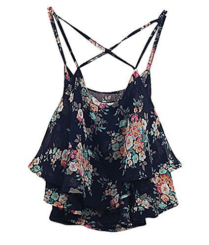 Shawhuaa Womens Flowy Vintage Floral Print Chiffon Shirt Vest Strap Top Black - Thumbnail 2