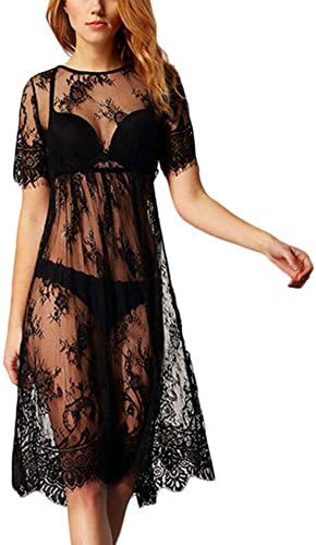 HOMEY INN Women’s Fashion Perspective Lace Swimwear Blouse Short Sleeve Lace Dress (XL, black)