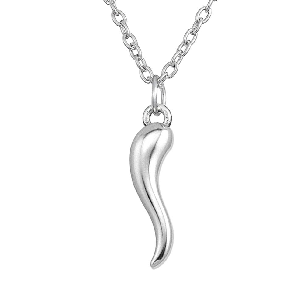My Shape Rhodium Plated Minimal Italian Horn Pendant Good Luck Protection Necklace Fashion Jewelry, Zinc, No Gemstone