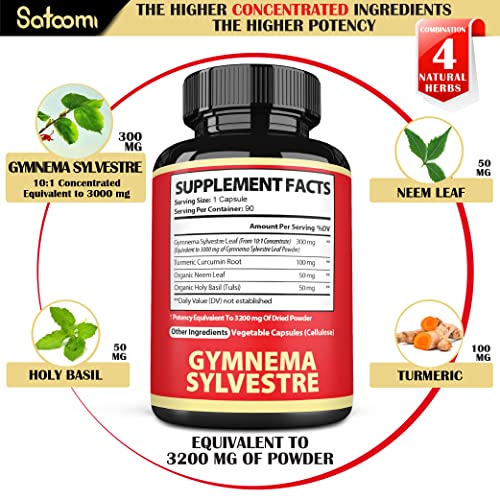 Pure Organic Gymnema Sylvestre Capsules Extract 4 Herbs Equivalent 3200mg with Neem Leaf