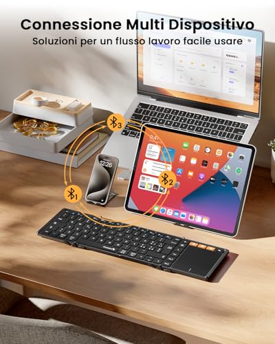 ProtoArc XK01 TP Folding Bluetooth Keyboard, Large Italian Layout Wireless Keyboard with Touchpad, Portable Travel iPad Keyboards for iOS, Android, Windows Tablet PC – Black
