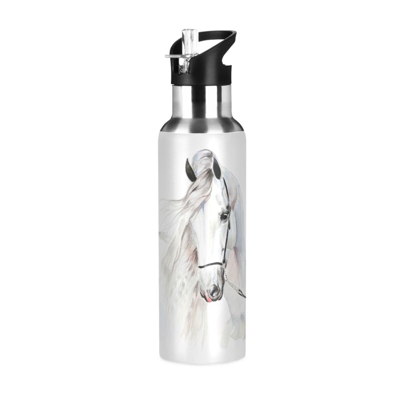Mnsruu 20 Oz Water Bottle with Straw White Horse Stainless Steel Water Bottle for Traveling Sports Leakproof Insulated Water Bottle