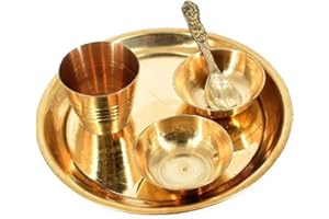 LUXCKY Pooja Thali Set 11 Inch Puja Thali with 11cm Plate Laddu Gopal/Krishna Pooja Set with 1 Thali 2 Katori, 1 Glass, 1 Spoon for Diwali Home Office Mandir Wedding Return Gift Items (Golden)