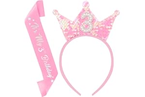 Exacoo 3rd Birthday Girl Sash and Headband Set 3rd Birthday decorations for Girl Sequins Pearl Princess Tiara Hairband,3 Year Old Happy Birthday Party Outfit Gifts