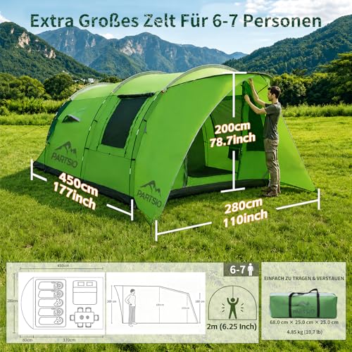 Zelt 6-7 Personen, 4000 mm Wassersäule & eingenähte Bodenwanne, Stehhöhe, Eingang mit Fliegengitter, Sonnendach & Privatsphäre-Trennvorhang, XXL Familienzelt Tunnelzelt für Camping Reisen Festival