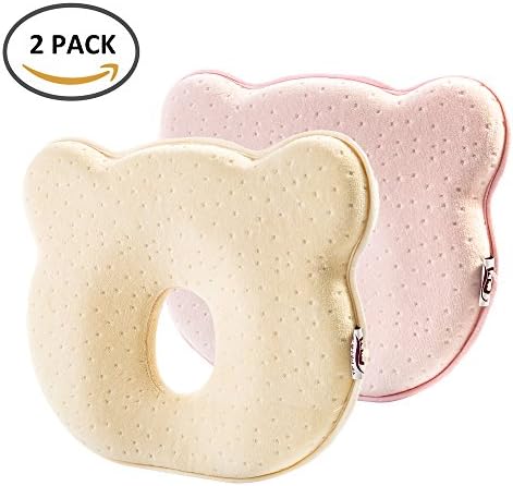 Baby Pillow Flat Head Newborn Baby Pillow Infant Memory Foam Pillow (2 Pack-Yellow&Pink)