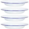 DOITOOL Pack of 4 Enamel Plates, 6.3 Inch Unbreakable Enamelware Dinner Serving Platter Trays, Retro Salad Pasta Bowls Round Shallow Bowls with Blue Rim for Dinner, Outdoor, Camping, Picnic, BBQ
