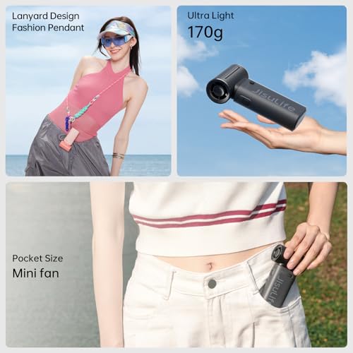 JISULIFE Portable Handheld Fan Turbo Power [18 Hours Max] 5 Speed Wind 5000mAh Rechargeable Mini Pocket Design Personal Fan for Travel Concerts Makeup - Black